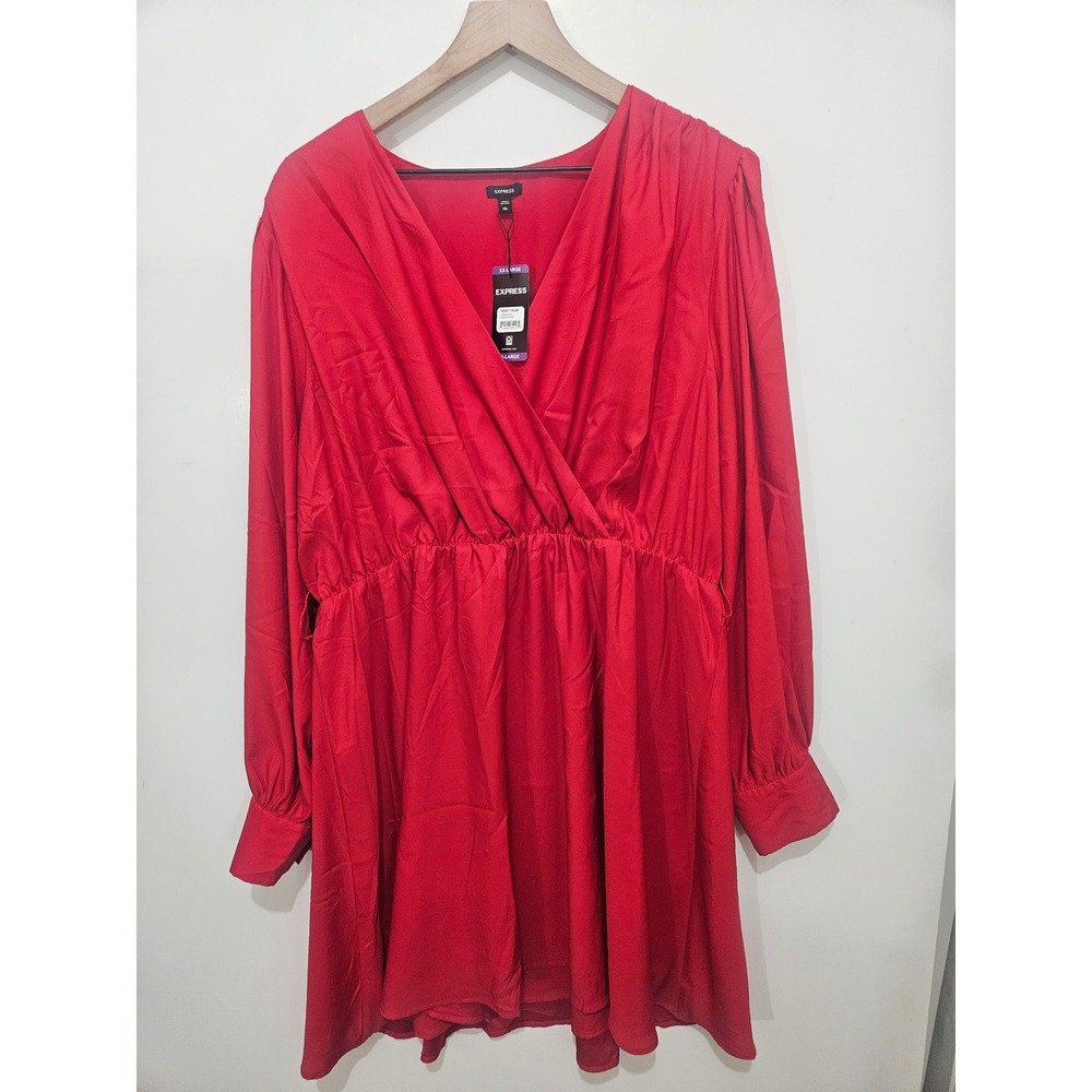 Express Barbados‎ Cherry Red Wrap Dress Long Sleeve V-Neck Mini XXL New